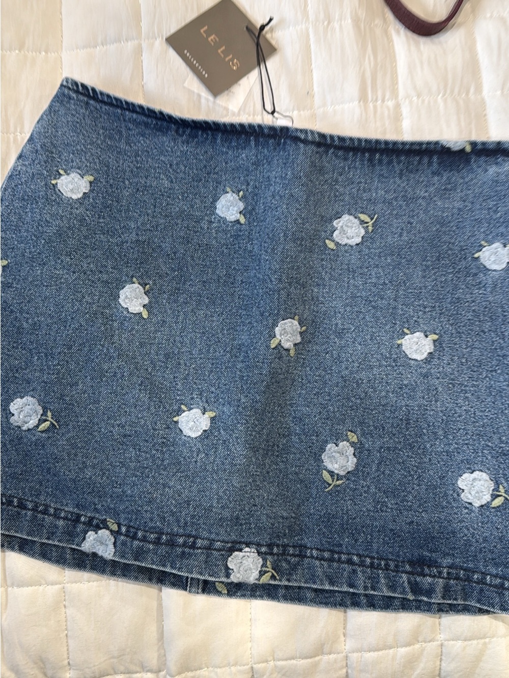 Le Lis Denim Mini Skirt with White Floral Embroidery